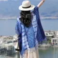 Εθνοτικό σάλι κάπα αντιηλιακής προστασίας για γυναίκες, ρετρό στυλ πορσελάνης. - Μπλε Tie-Dye Τυπωτό Στυλ (11) / 160*90cm