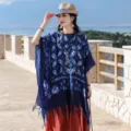 Εθνικό στυλ μπλε batik print γυναικεία κάπα σάλι vintage αντιηλιακό πόντσο καλοκαίρι - Μπλε Tie-Dye Τυπωτό Στυλ (12) / 160*90cm