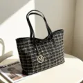 Koreaanse zwart-witte tweed shopper grote capaciteit schouder handtas voor vrouwen - Zwart