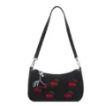 Dark denim shoulder bag with cute red cherry embroidery and charm. Stylish retro handbag. - With Pendant / Black