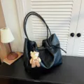 Black PU leather tote bag for women, large capacity shoulder bag with stylish bear pendant. - With Pendant / Black