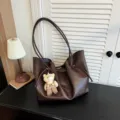 Vintage brown PU leather shoulder tote bag with cute bear pendant for women daily use. - With Pendant / Brown