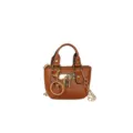 Bolso mini de cuero marrón con candado dorado y correa de cadena para mujeres. - Marrón