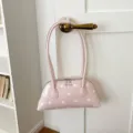 Encantador bolso tipo bowling de lunares rosas para mujer, elegante bolso de cuero para diario. - Rosa