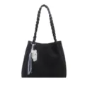 Black woven shoulder bag for women, stylish tote purse with cute bear pendant and braided strap. - Black with Pendant