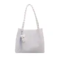 White woven tote bag for women, casual daily shoulder bag with cute plush bear pendant. - White with Pendant