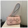 Pink PU leather shoulder bag for women, stylish small baguette bag with double front pockets. - Pink