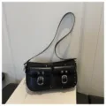 Black shoulder bag with twin front pockets and star print, chic Y2K style chic casual daily purse. - Black