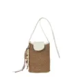 Geweven strooien telefoontas met witte flap en kralenkwastje, chique mini schoudertas voor dames. - Met Hanger / Wit