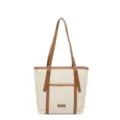 Bolso tote de lona para mujer, bolso de hombro grande con detalles en cuero marrón. - Blanco