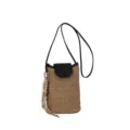 Gevlochten Stro Telefoon Schoudertas Zwart PU Lederen Mini Crossbody Tas met Kralen Kwastje - Met Hanger / Zwart