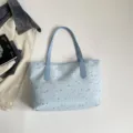 Large capacity star canvas tote bag, casual shoulder handbag with light blue design. - Blue