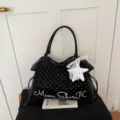 Korean style polka dot tote bag women summer large capacity shoulder bag with zipper and star - Black With Pendant