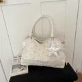 Korean style polka dot tote bag for women, large capacity shoulder bag for daily commuting. - White With Pendant