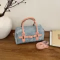 Denim barrel bag for women, vintage style crossbody shoulder handbag with pink handle and belt. - No Pendant / Pink