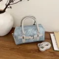 Vintage Denim Barrel Handbag Casual Boston Crossbody Bag Light Blue & Grey Variant - No Pendant / Silver