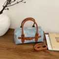 Light blue denim small boston bag with brown leather handles and detachable crossbody strap. - No Pendant / Brown