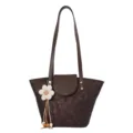 Dark brown PU leather shoulder bag, stylish tote with floral pendant, daily commuting. - With Pendant / Coffee