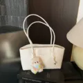 Retro commuter large capacity solid color fashion simple tote shoulder bag for women - With Pendant / White