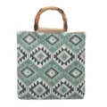 Bolso tote tejido de verano para mujer con asa de bambú y patrón de rombos geométricos. - Estilo 1 Verde