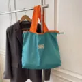 Turquoise oranje shopper met trekkoord opvouwbare stoffen schoudertas voor casual - Blauw