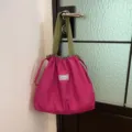 Roze en groene colorblock trekkoord opvouwbare boodschappentas, casual stoffen schoudertas - Paars