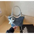 Korean style fashion denim bucket bag with silver handle and cute star charms detail view. - With Pendant / Dark Blue