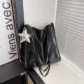 Black patent leather tote bag for women with silver star pendant casual shoulder bag - With Pendant / Black