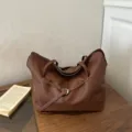 Vintage brown leather tote bag with stylish buckle strap, large capacity daily shoulder bag. - Brown