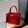 Red crocodile pattern handbag stylish Kelly style shoulder cross body bag with metal lock. - Red