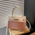 Stylish crocodile pattern top handle shoulder handbag, elegant PU leather crossbody bag for women. - White