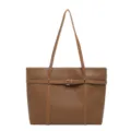 Brown leather tote bag for women, large capacity shoulder handbag with stylish belt buckle design. - Without Ornament / Tan