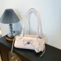 Pink polka dot shoulder bag, stylish underarm bag with cute bow and fluffy puppy charm. - With Pendant / Pink