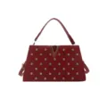 Sac à main rouge avec strass et logo V doré élégant sac bandoulière pour femme mode - Rouge