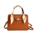 Elegant brown women handbag with shoulder strap and stylish scarf decoration for daily wear. - Brown