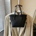 Trendy minimalist black PU leather bucket bag for women, casual daily commute handbag with handle. - Black Without Pendant