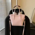 Pink PU leather tote bucket bag for women, casual shoulder bag with top handle and strap. - Pink Without Pendant