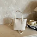 Beige textured leather bucket bag with top handles, chic minimalist casual daily shoulder handbag. - Off-white without Pendant
