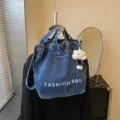 Japanese style denim canvas shoulder bag large capacity casual crossbody tote bag for students - With Pendant / Sand Washed Dark Blue