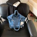 Japanese denim canvas letter tote shoulder bag large capacity casual student bag - With Pendant / Sand Washed Light Blue