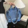 Japanese style denim canvas crossbody shoulder bag for daily casual students large capacity - No Pendant / Sand Washed Light Blue