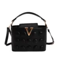 Borsa a tracolla nera da donna, borsa elegante con logo V dorato e design a bolle alla moda. - Nero