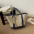Fashionable large capacity woven straw tote bag with blue PU leather trim for summer beach. - Blue