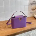 Sac seau en cuir PU violet avec logo V en métal, sac bandoulière élégant pour femme au quotidien. - Violet