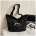 Retro Zwarte Denim Tote Tas Casual Canvas Schoudertas met Leuke Borduurwerk Stijl - Zwart zonder Hanger