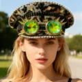 Punk-Stil Leopardenmuster Marinehut mit grüner Strass-Schutzbrille für Festival-Outfits - Verstellbar / Leo Schwarz-Gold Brille Marinehut