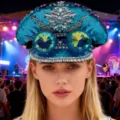 Blauer Punk-Pailletten-Kapitänshut mit Strasssteinen und Brille - Verstellbar / See-Blau Strass Brille Marinehut