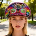 Regenbogen Pailletten Punk Marine Hut mit Spikes und Kristallbrille für Y2K Festival - Verstellbar / Regenbogen Perle Brille Marinehut