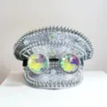 Punk Silber-Pailletten-Kapitänsmütze mit schillernder Brille und Spikes für Festivals - Verstellbar / Silber-Weißer Strass-Goggles Marinehut