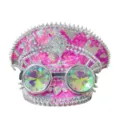Rosa Pailletten Punk Captain Hat mit silbernen Nieten und Kaleidoskop Brille für Festivals - Verstellbar / Rosa-Silberner Herz Goggles Marinehut